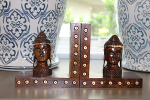 Hand-Carved Wooden Buddha Head Bookends