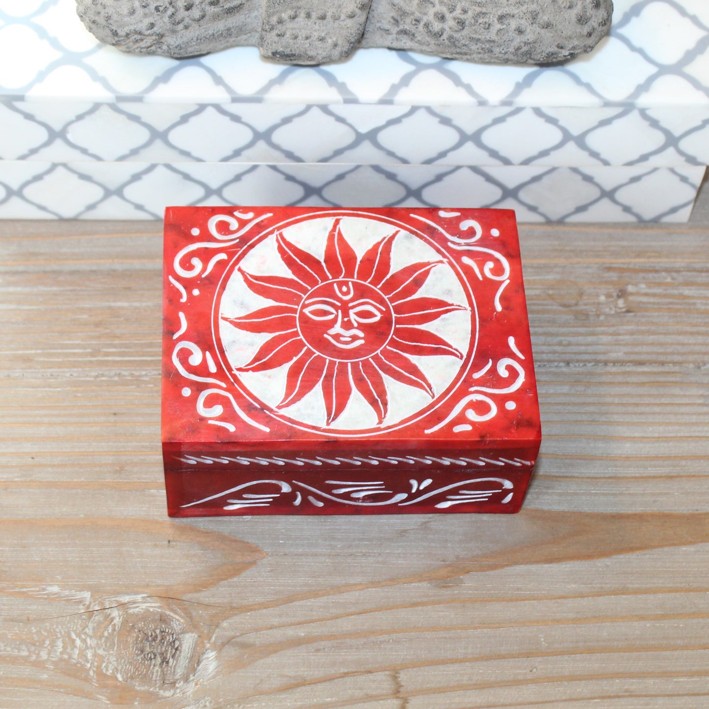 Sun Motif Hand-Carved Soapstone Trinket Box