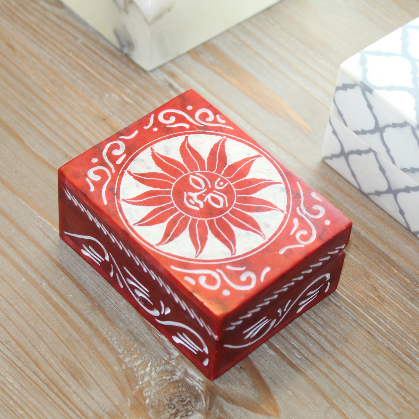Sun Motif Hand-Carved Soapstone Trinket Box