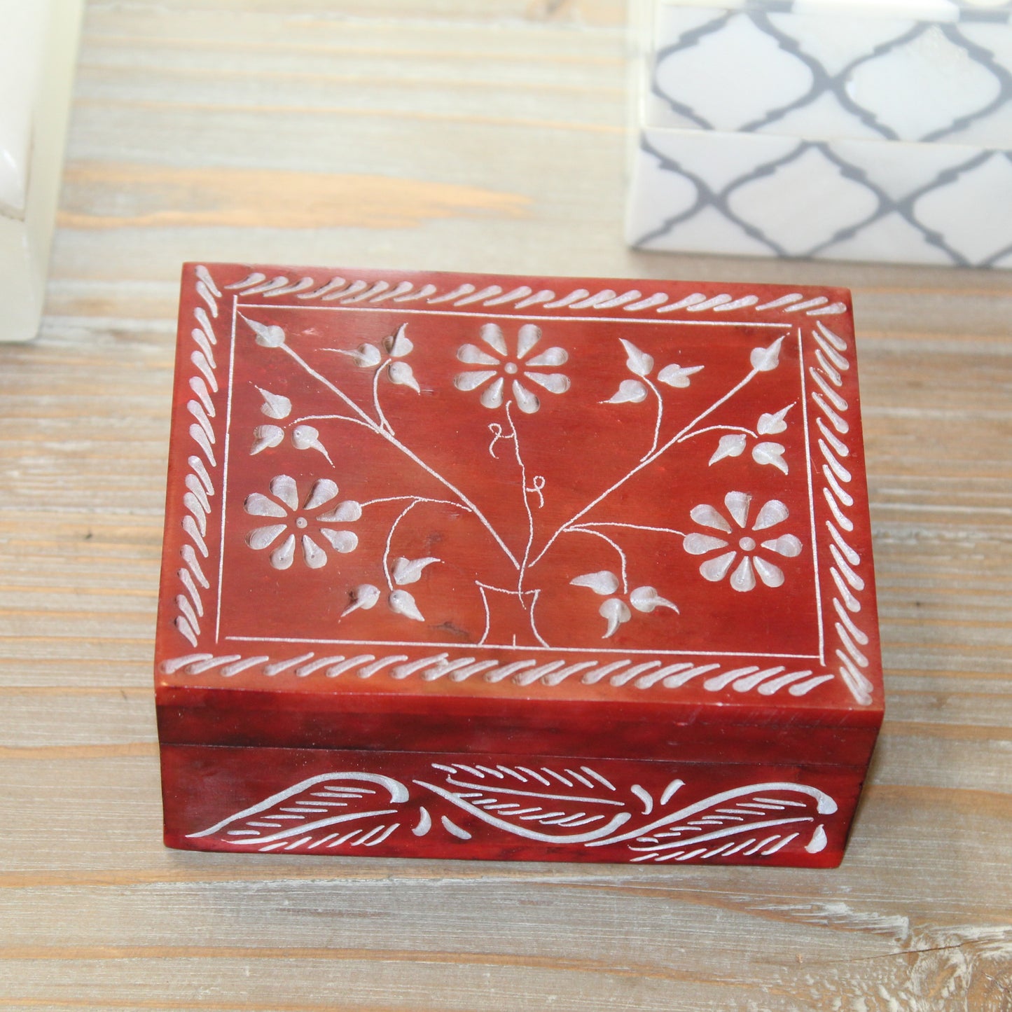 Mini Bloom Hand-Carved Soapstone Box – Black or Red Finish