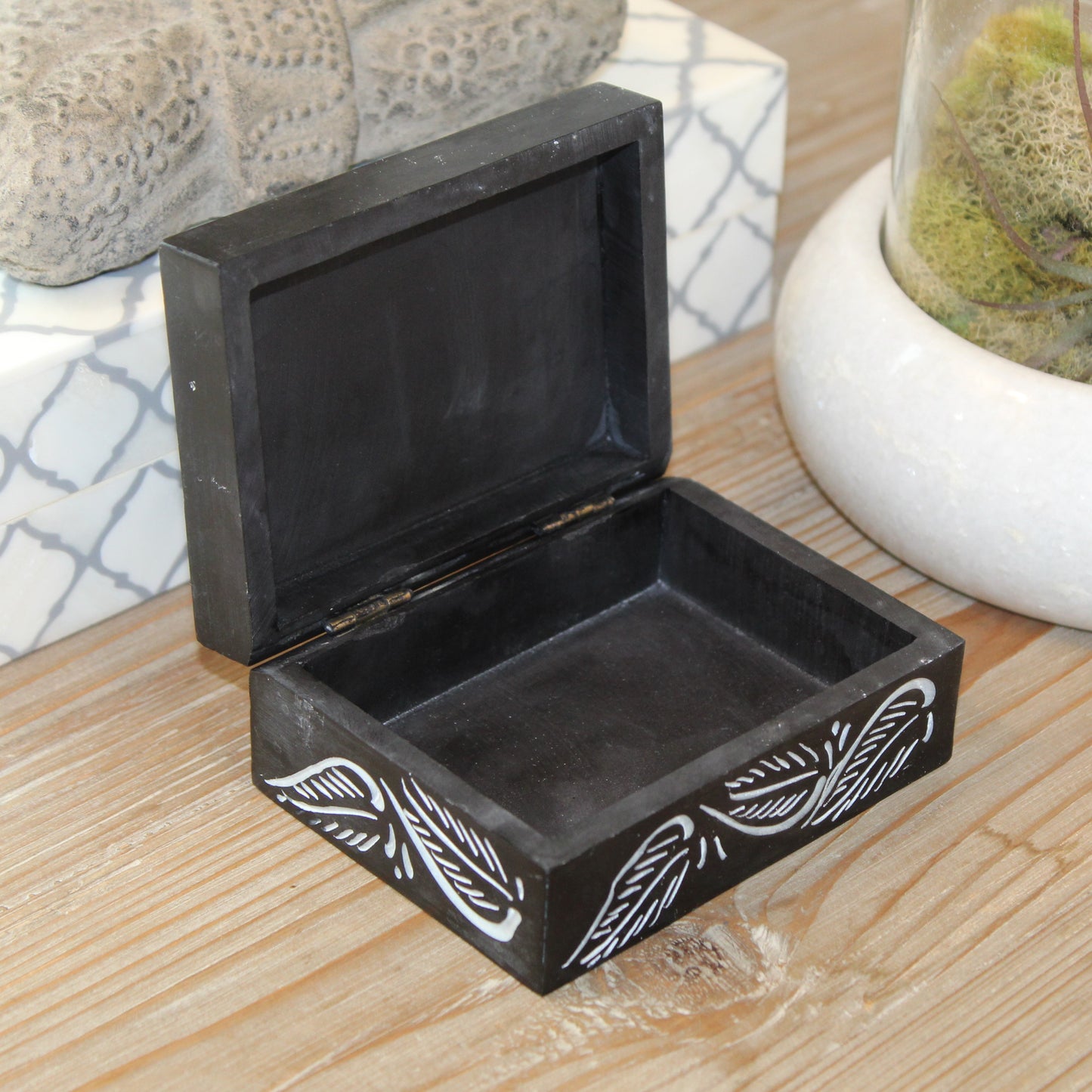 Mini Bloom Hand-Carved Soapstone Box – Black or Red Finish