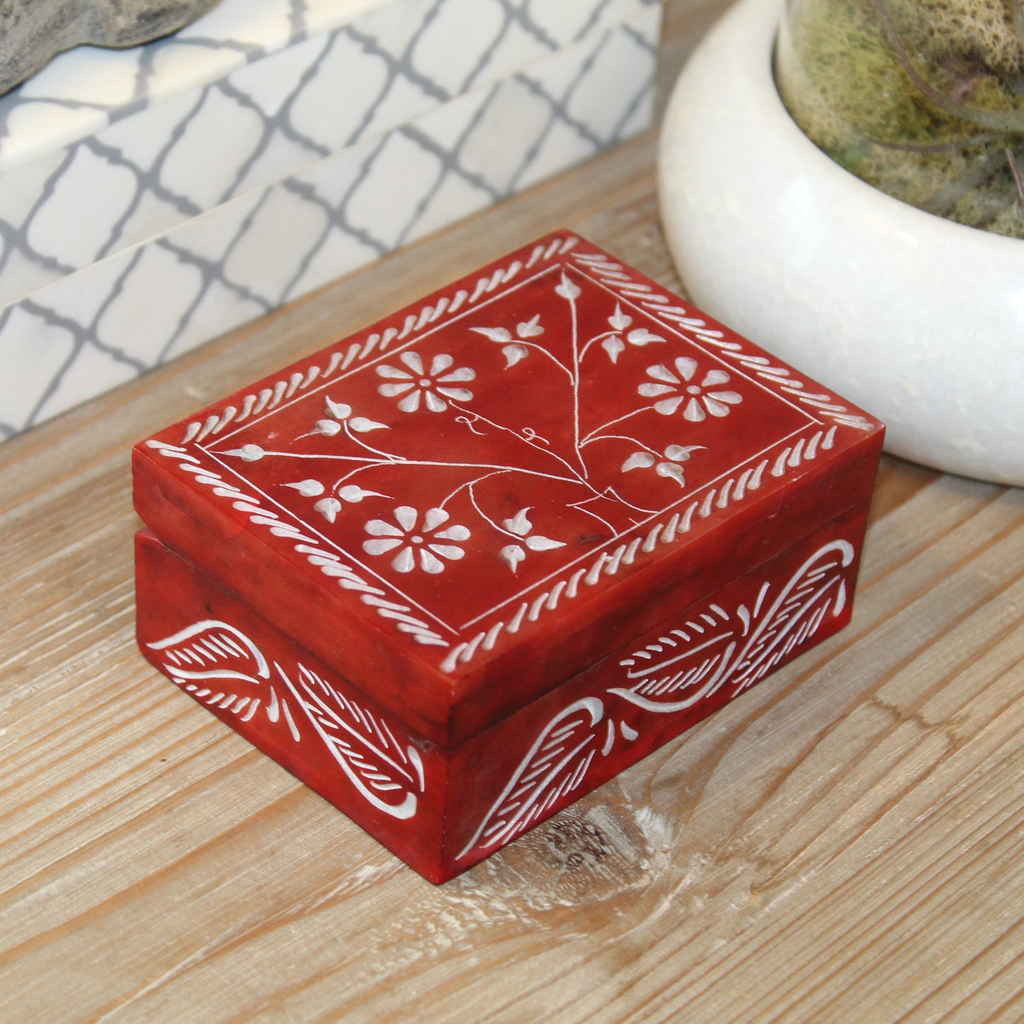 Mini Bloom Hand-Carved Soapstone Box – Black or Red Finish