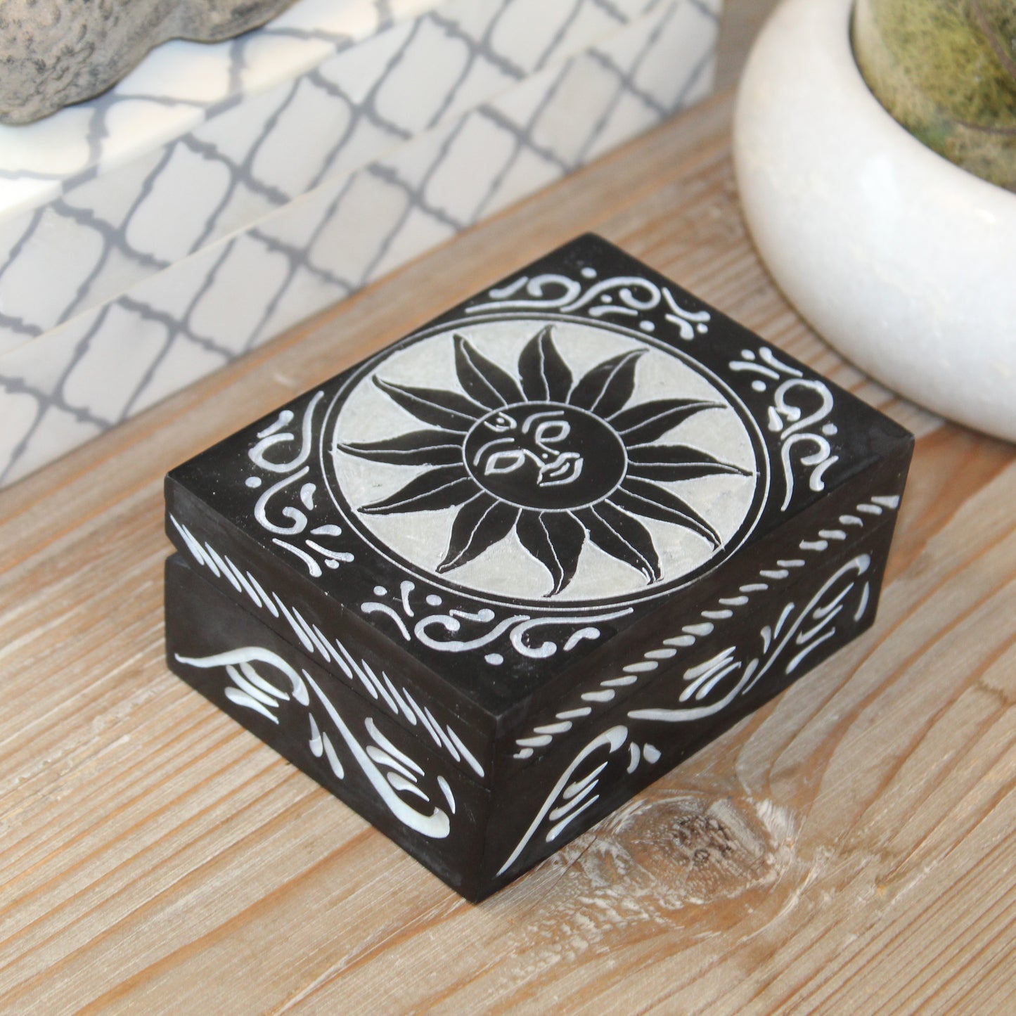 Sun Motif Hand-Carved Soapstone Trinket Box