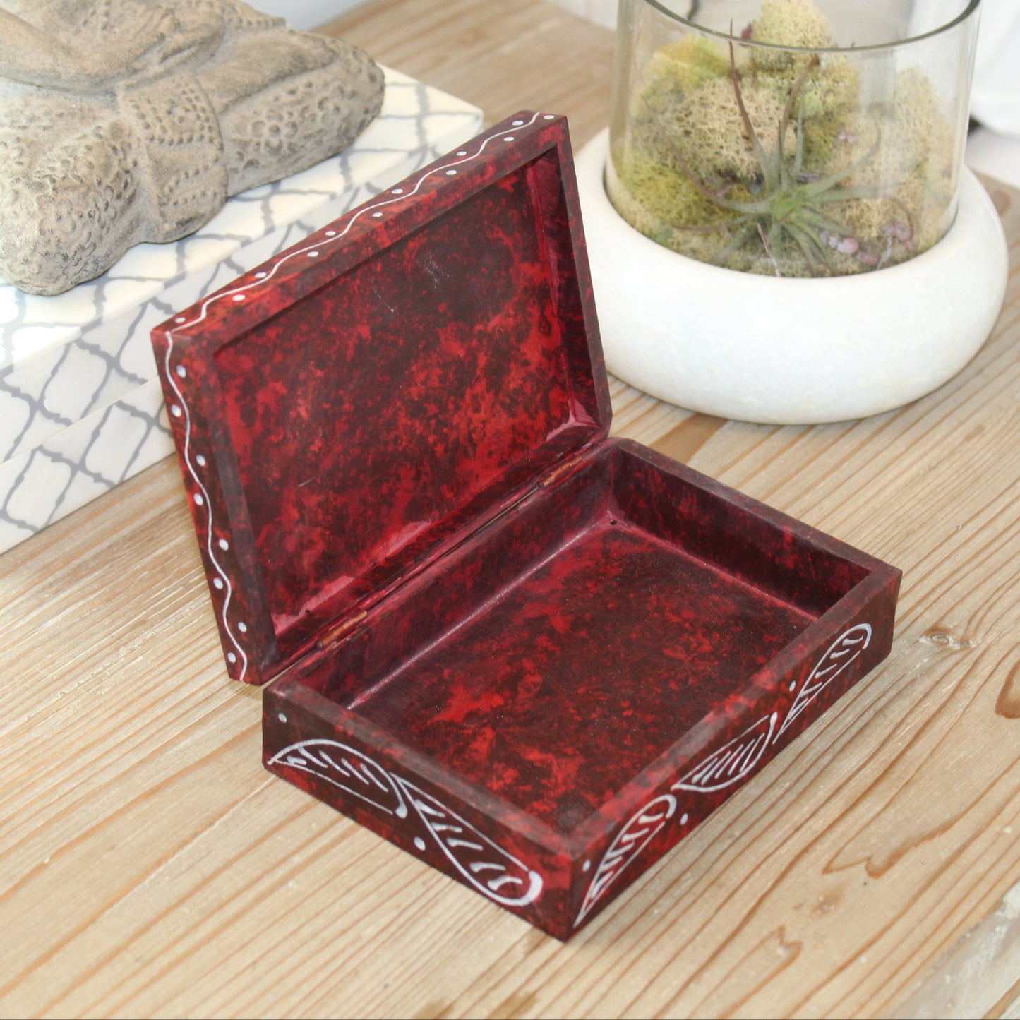 Hand-Carved Red Soapstone Box – Lotus Motif