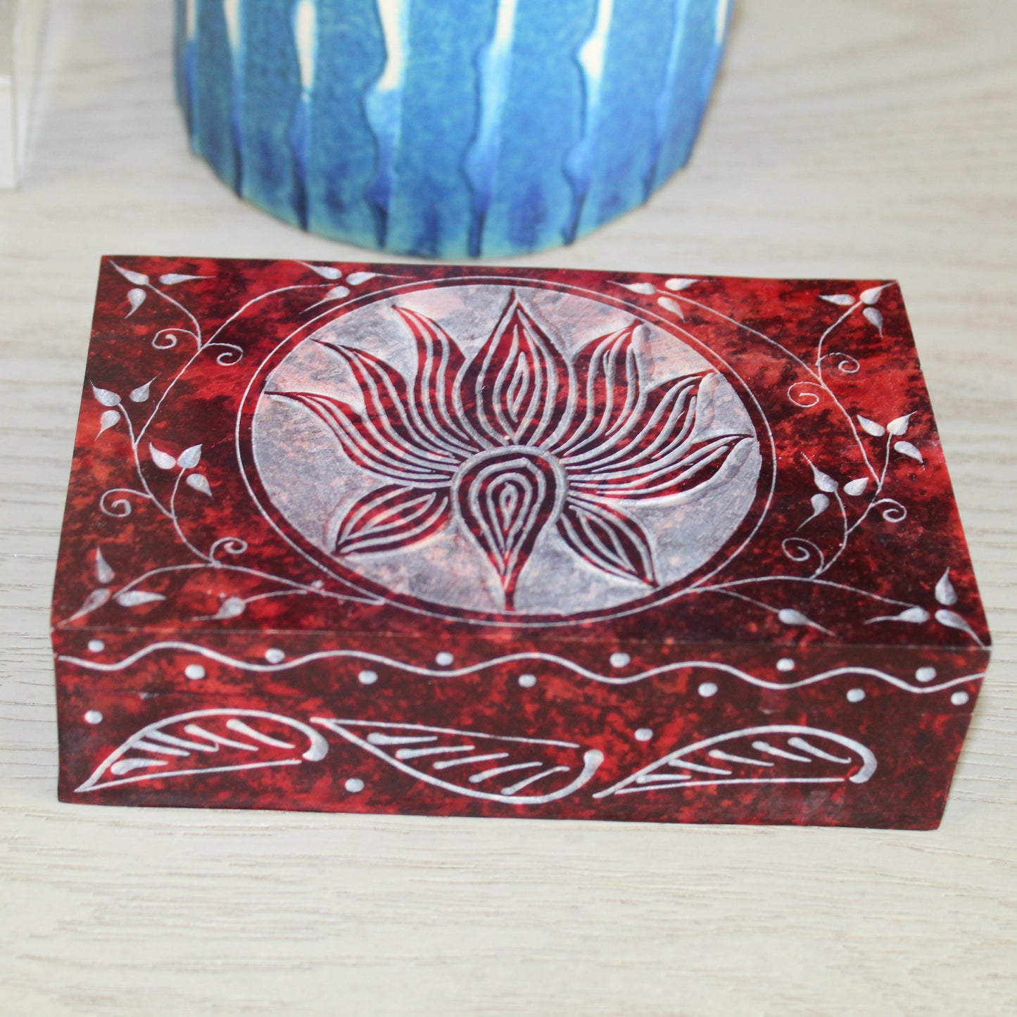 Hand-Carved Red Soapstone Box – Lotus Motif