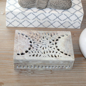 Hand-Carved Natural Soapstone Box – Floral Lattice Design