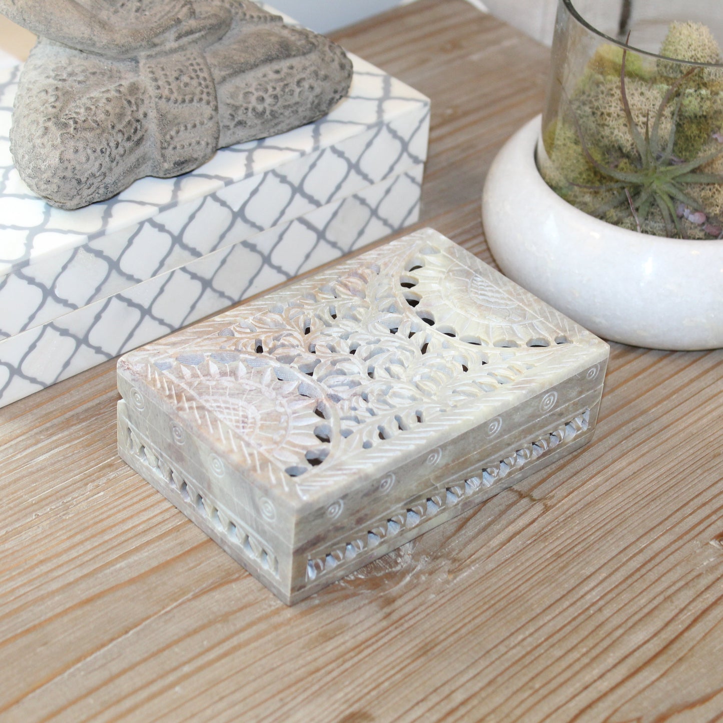 Hand-Carved Natural Soapstone Box – Floral Lattice Design