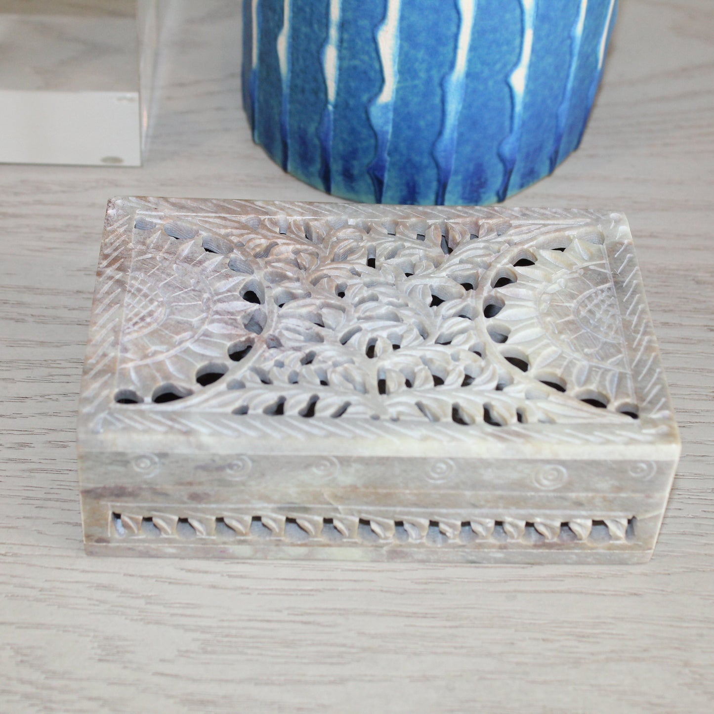 Hand-Carved Natural Soapstone Box – Floral Lattice Design