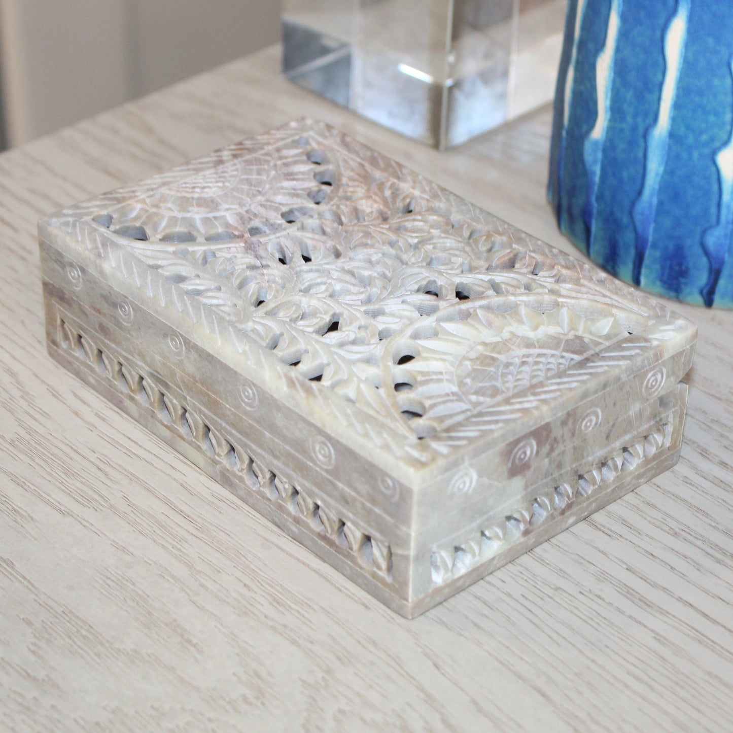 Hand-Carved Natural Soapstone Box – Floral Lattice Design