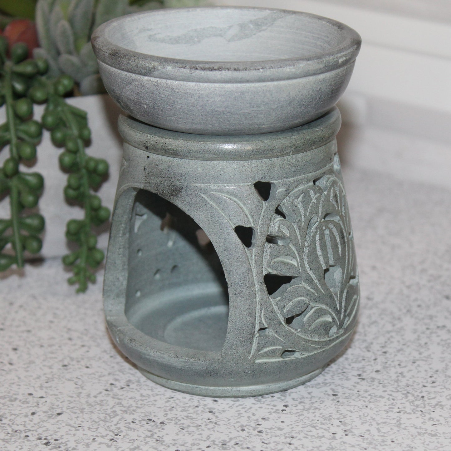 Hand-Carved Leaf Motif Soapstone Oil Burner