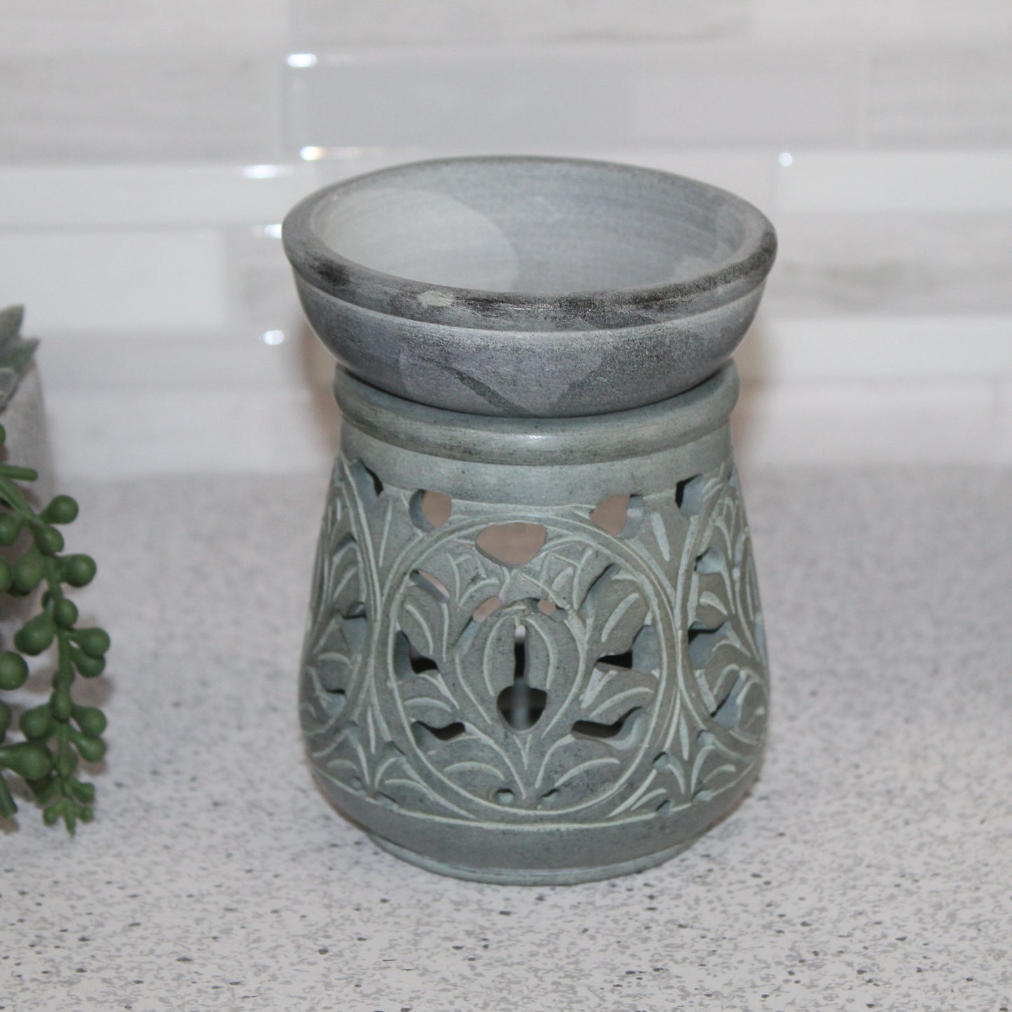 Hand-Carved Leaf Motif Soapstone Oil Burner