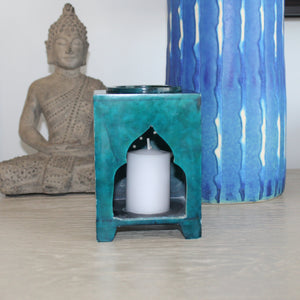 Blue Moroccan-Style Soapstone Oil Burner with Floral Tile Carving