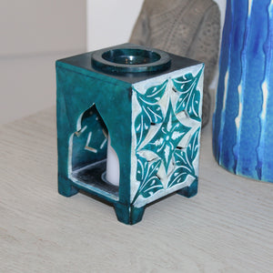 Blue Moroccan-Style Soapstone Oil Burner with Floral Tile Carving