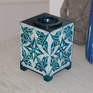 Blue Moroccan-Style Soapstone Oil Burner with Floral Tile Carving