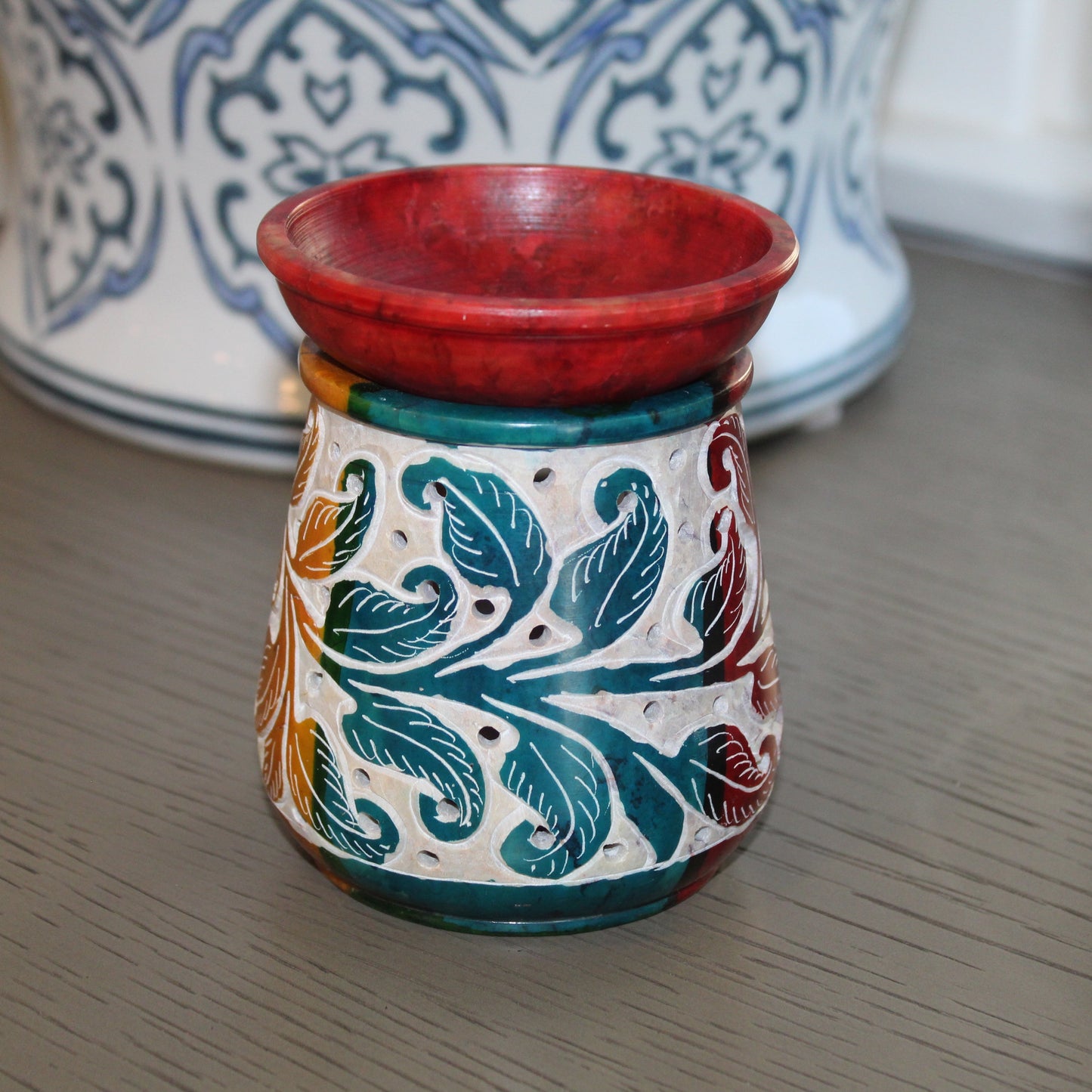 Hand-Painted Multicolor Soapstone Oil Burner with Carved Leaf Motif