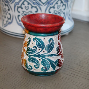 Hand-Painted Multicolor Soapstone Oil Burner with Carved Leaf Motif