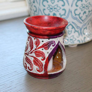 Hand-Painted Multicolor Soapstone Oil Burner with Carved Leaf Motif