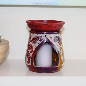 Hand-Painted Multicolor Soapstone Oil Burner with Carved Leaf Motif
