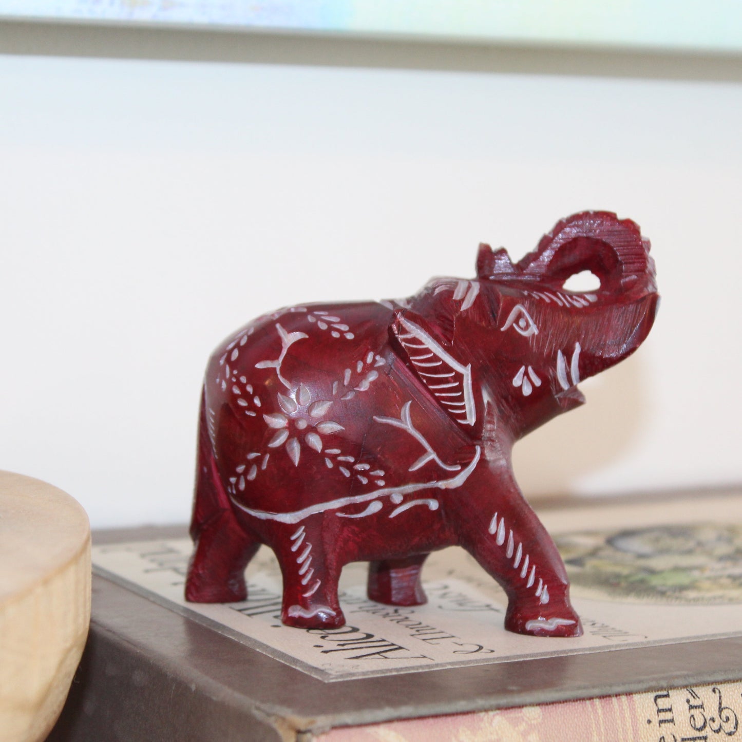 Hand-Carved Maroon Soapstone Elephant Figurine – Floral Etchings