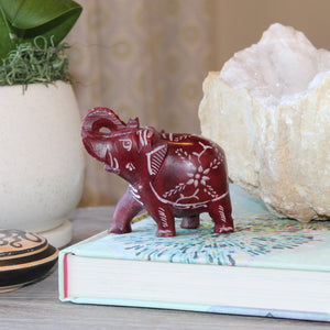 Hand-Carved Maroon Soapstone Elephant Figurine – Floral Etchings