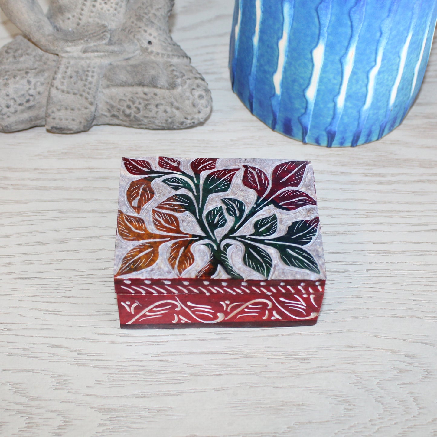 Hand-Carved Multicolor Leaf Soapstone Trinket Box – Small Keepsake Size