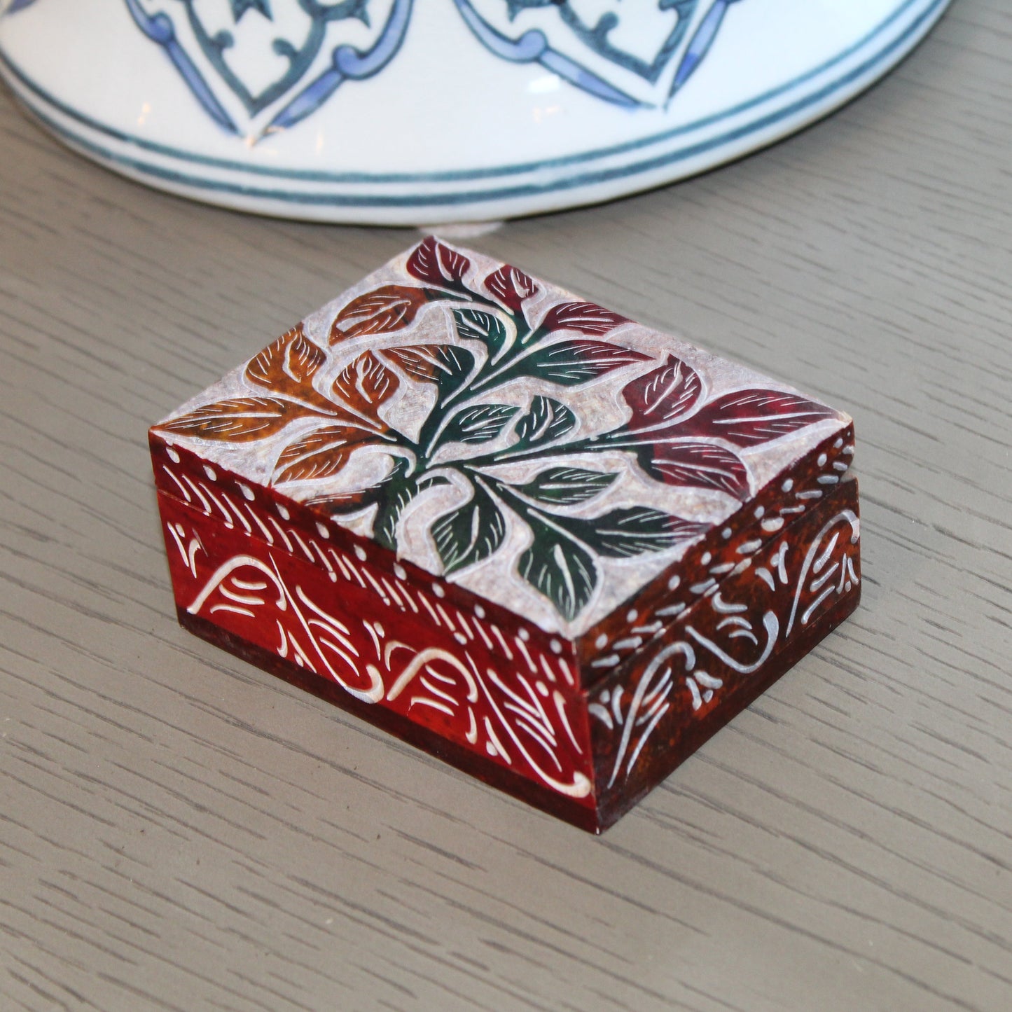 Hand-Carved Multicolor Leaf Soapstone Trinket Box – Small Keepsake Size