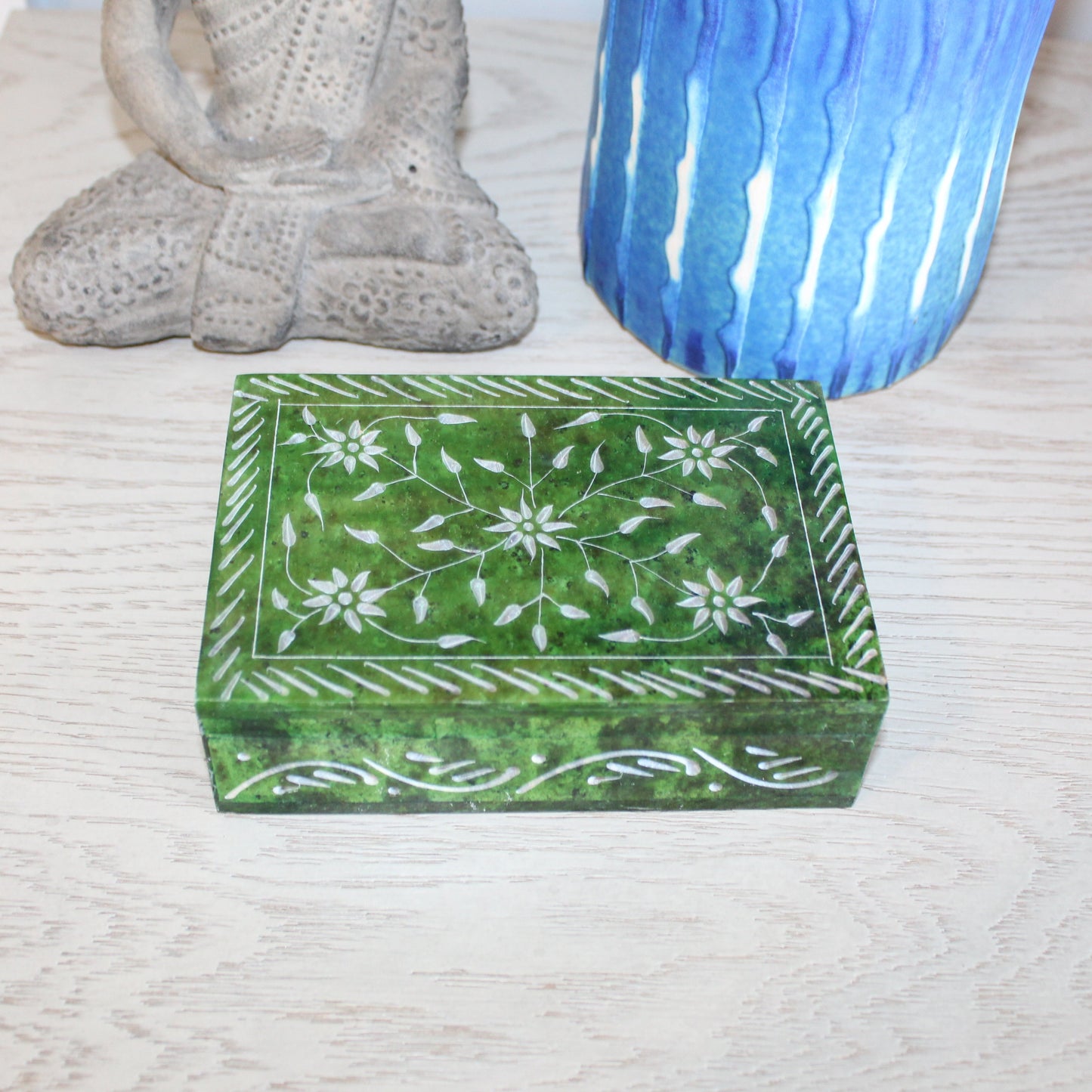 Green Floral Vine Soapstone Jewelry Box – Hand-Carved Large Keepsake Box