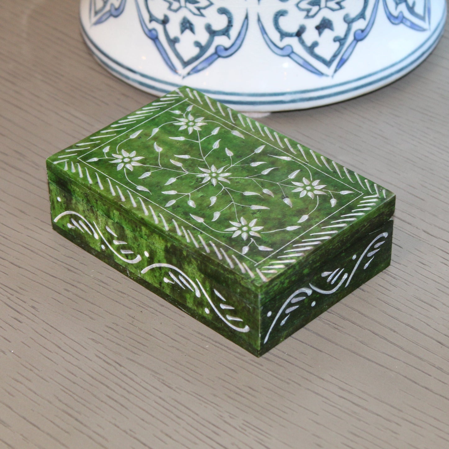 Green Floral Vine Soapstone Jewelry Box – Hand-Carved Large Keepsake Box