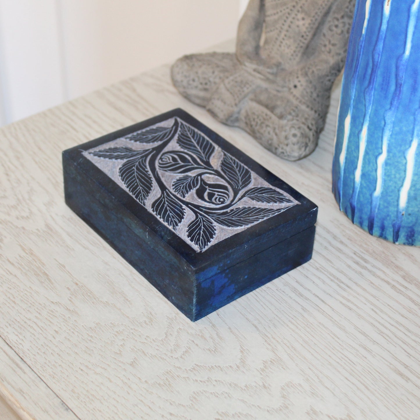 Navy Blue Rosebud Soapstone Trinket Box – Hand-Carved Floral Leaf Design