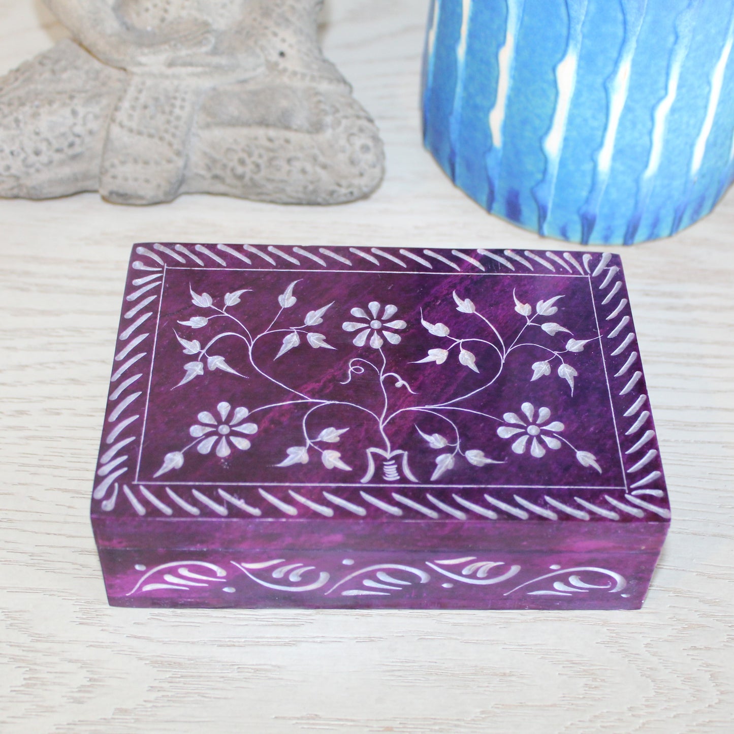 Hand-Carved Purple Floral Soapstone Box – Botanical Etching Design