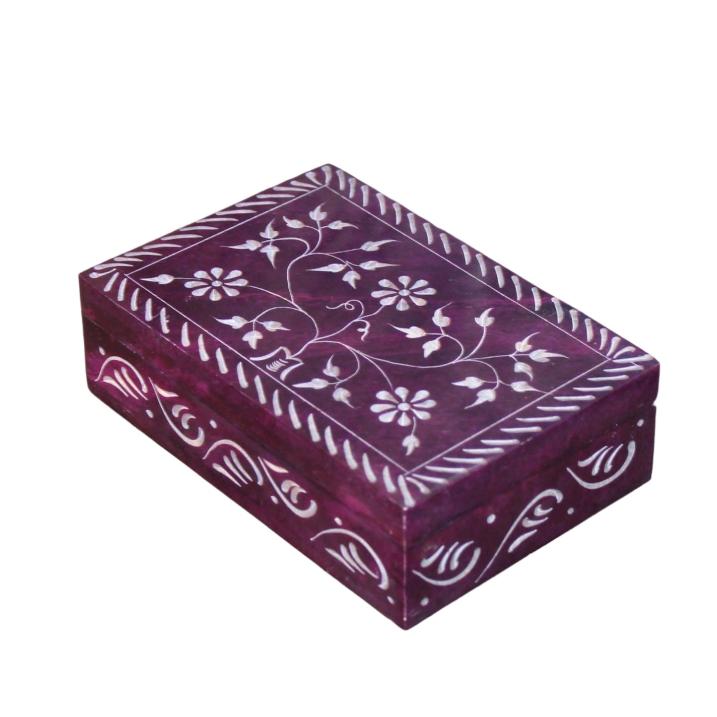 Hand-Carved Purple Floral Soapstone Box – Botanical Etching Design