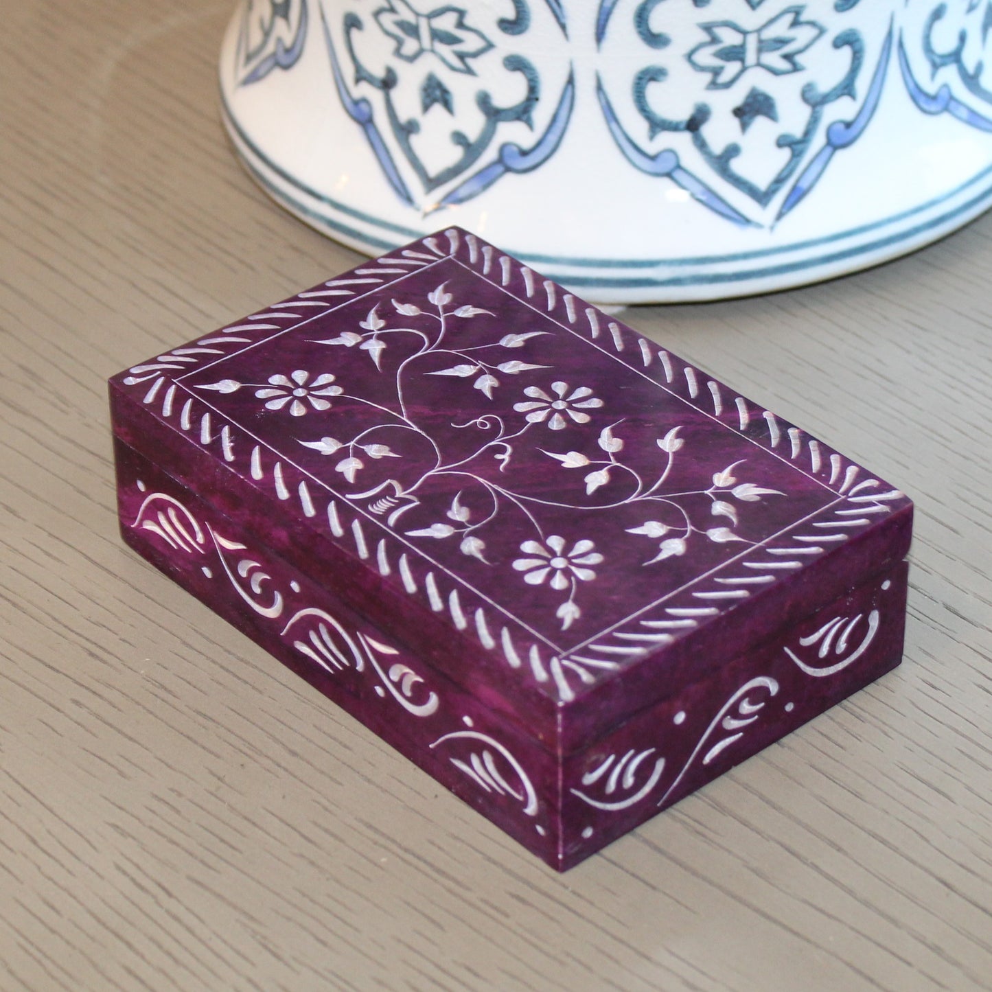 Hand-Carved Purple Floral Soapstone Box – Botanical Etching Design