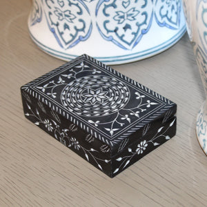 Midnight Lotus Soapstone Jewelry Box – Hand-Carved Black Keepsake with Circular Floral Motif