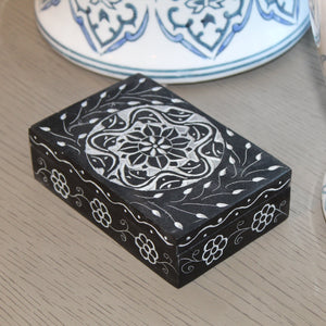Midnight Mandala Soapstone Box – Hand-Carved Black Trinket Box with Floral Centerpiece