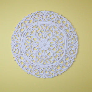 Whitewashed Hand-Carved Wooden Wall Medallion – Ornate Floral Scroll Design