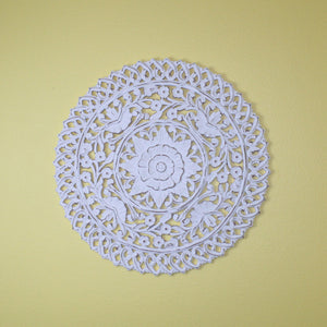 Whitewashed Hand-Carved Round Wall Panel – Floral Sunburst Mandala Design