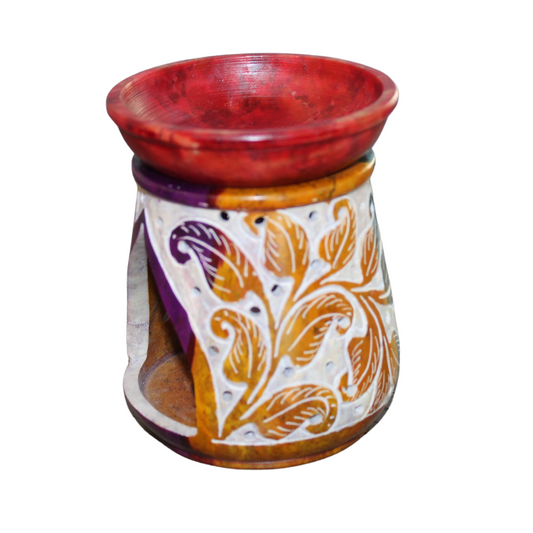 Hand-Painted Multicolor Soapstone Oil Burner with Carved Leaf Motif