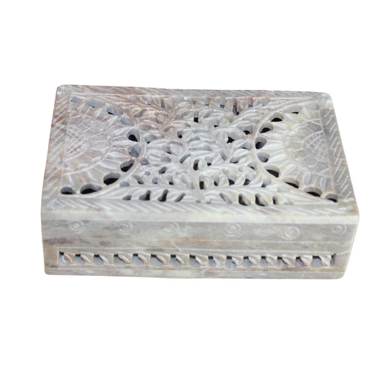 Hand-Carved Natural Soapstone Box – Floral Lattice Design