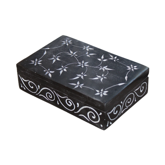 Midnight Bloom Soapstone Box – Hand-Carved Floral Pattern in Black