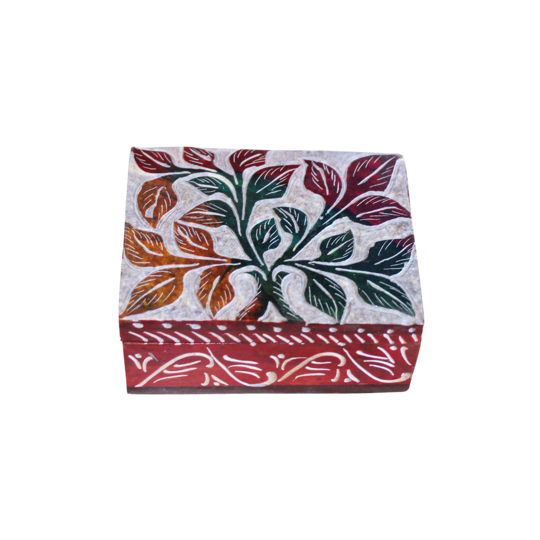 Hand-Carved Multicolor Leaf Soapstone Trinket Box – Small Keepsake Size