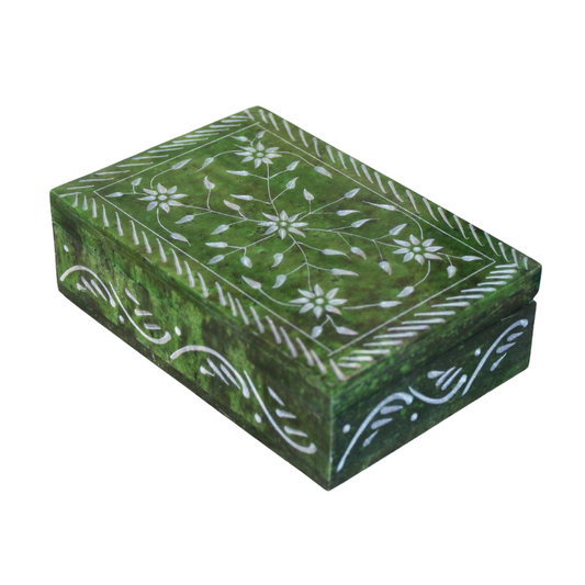 Green Floral Vine Soapstone Jewelry Box – Hand-Carved Large Keepsake Box