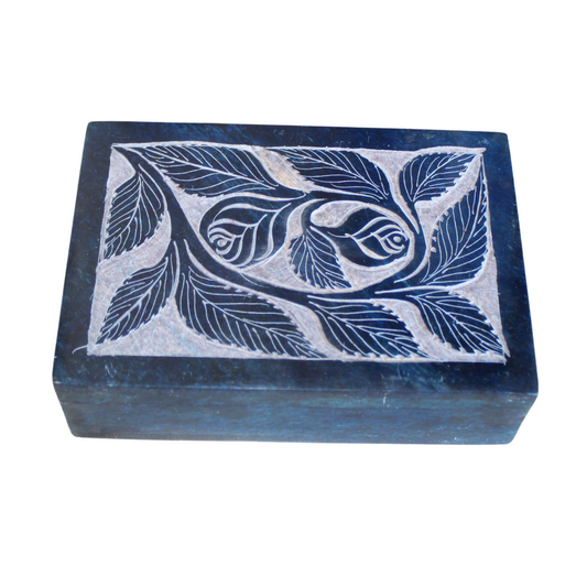 Navy Blue Rosebud Soapstone Trinket Box – Hand-Carved Floral Leaf Design
