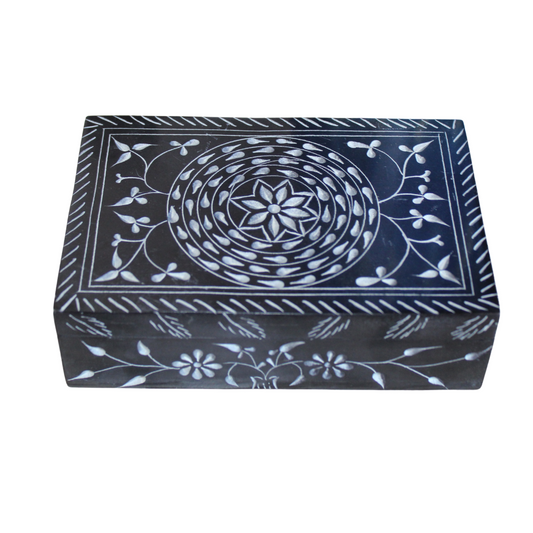 Midnight Lotus Soapstone Jewelry Box – Hand-Carved Black Keepsake with Circular Floral Motif