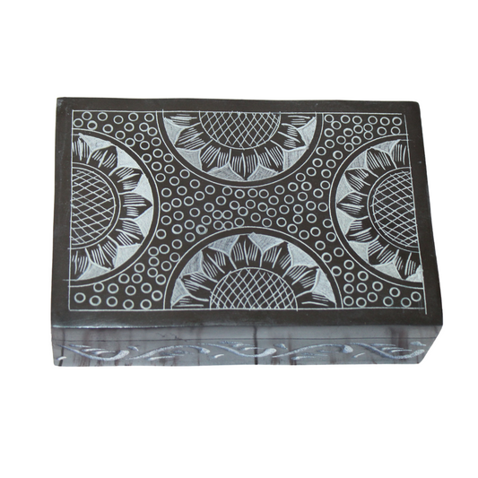 Ebony Bloom Soapstone Box – Hand-Carved Black Trinket Box with Bold Floral Circles