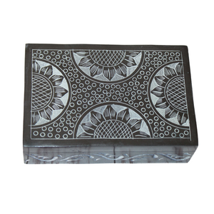 Ebony Bloom Soapstone Box – Hand-Carved Black Trinket Box with Bold Floral Circles