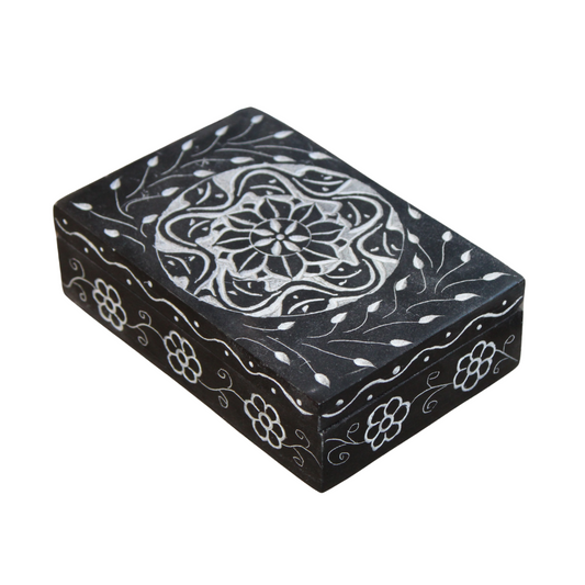 Midnight Mandala Soapstone Box – Hand-Carved Black Trinket Box with Floral Centerpiece