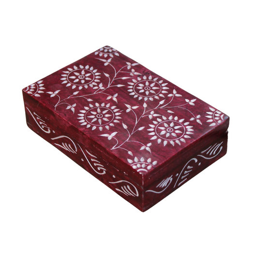 Crimson Bloom Soapstone Box – Hand-Etched Red Floral Trinket Holder