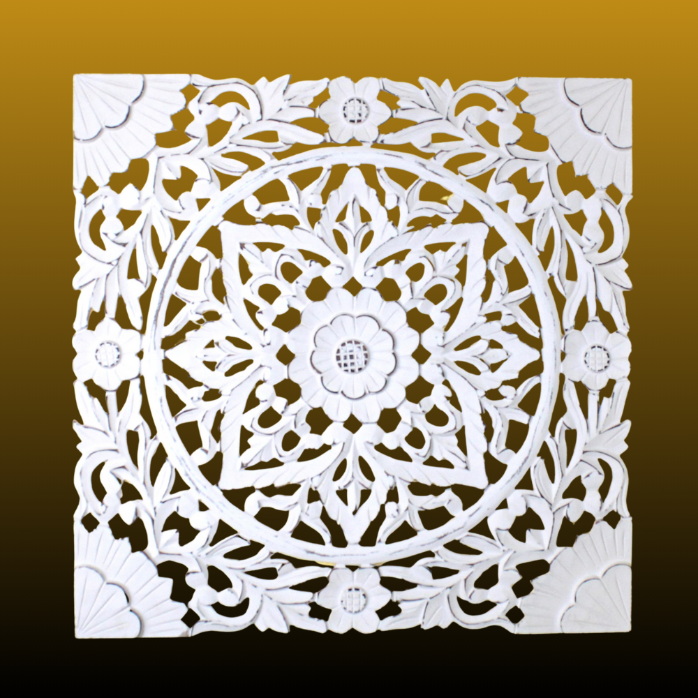 Whitewashed Floral Starburst Carved Wood Wall Panel – Square Mandala Design