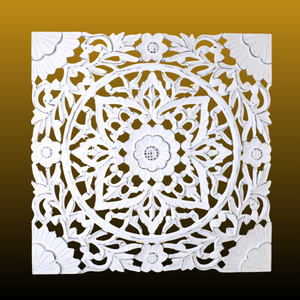 Whitewashed Floral Starburst Carved Wood Wall Panel – Square Mandala Design