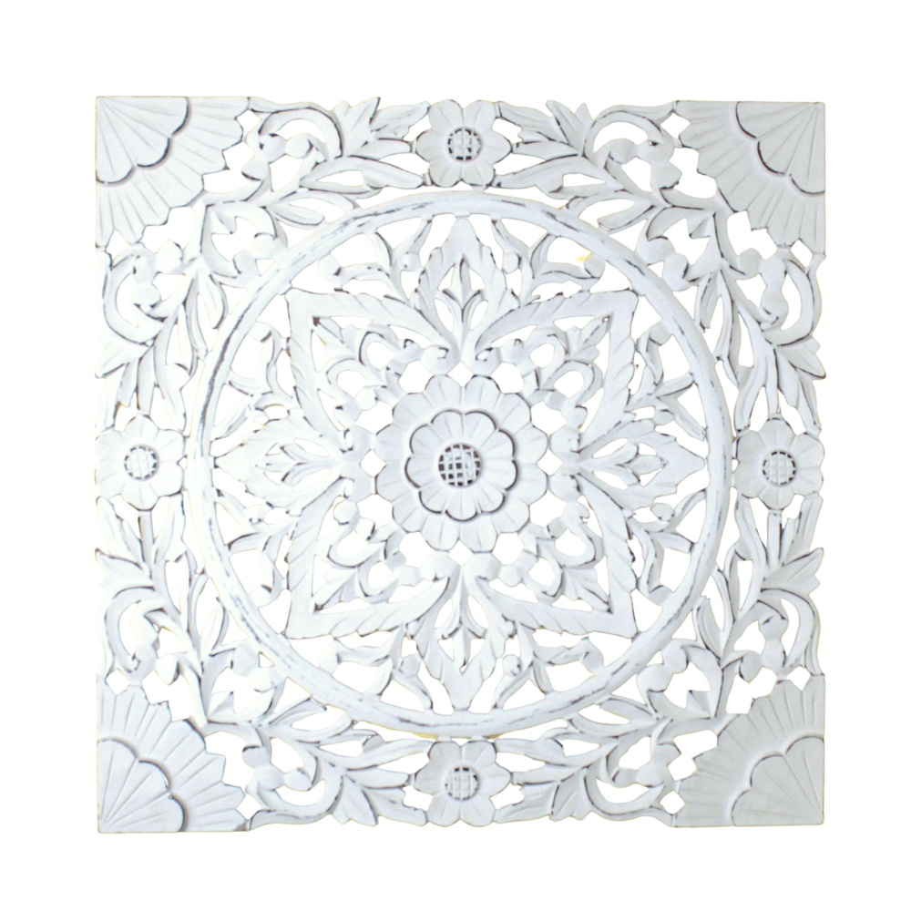 Whitewashed Floral Starburst Carved Wood Wall Panel – Square Mandala Design